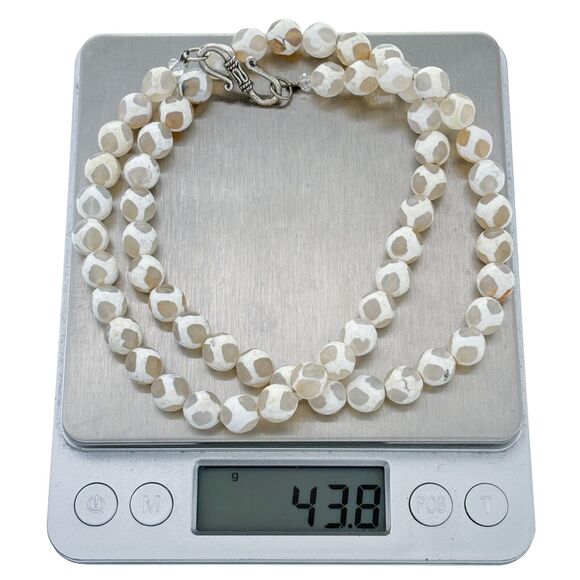 Sterling Silver 925 8mm Faceted White Patterned Agate Stone Bead Necklace 20.5" - Picture 4 of 5